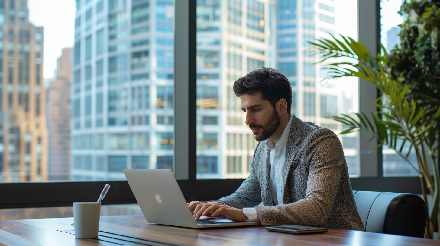 A business professional working on a laptop in a modern office. A business professional working on a laptop in a modern office.