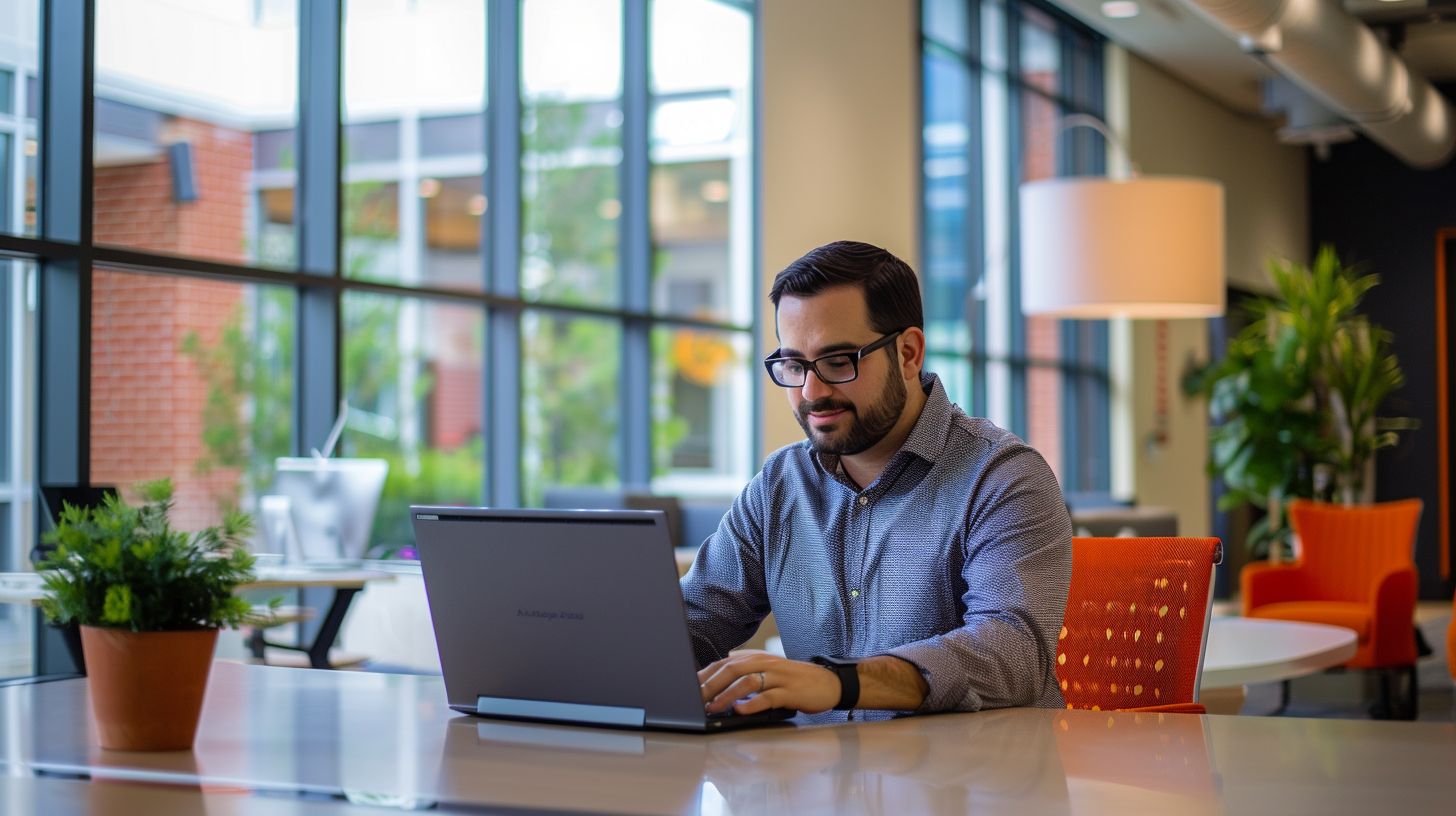 A business professional working on a laptop in a modern office. A business professional working on a laptop in a modern office.