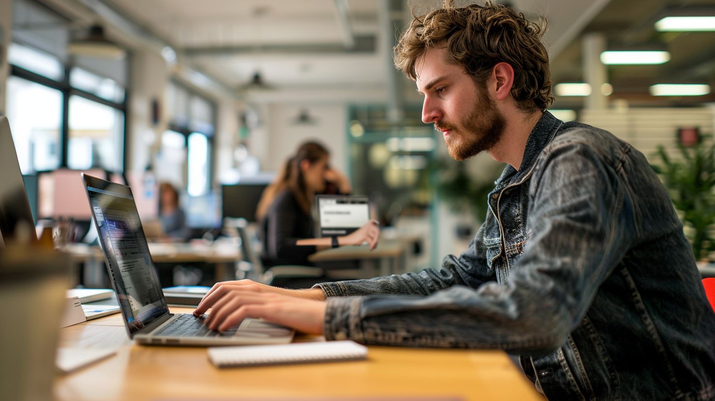 A backend developer working on a laptop in a secure office.
