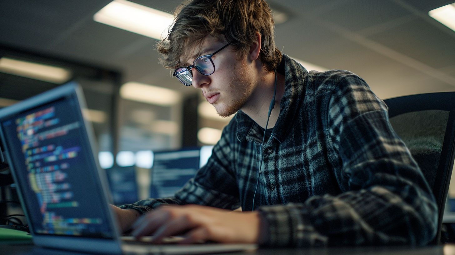 A backend developer working on a laptop in a secure office.