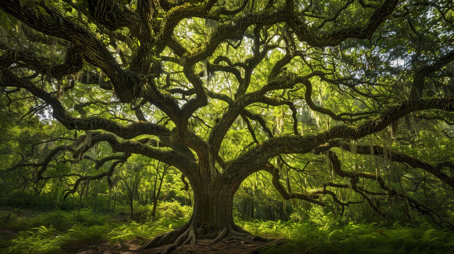 A majestic oak tree stands tall in a vibrant forest. A majestic oak tree stands tall in a vibrant forest.