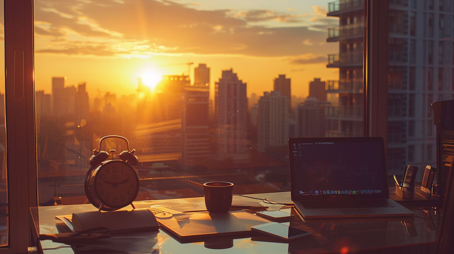 An alarm clock and laptop sit on a desk overlooking a cityscape.
