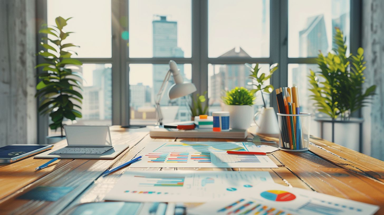 A variety of marketing tools displayed on a modern workspace. A variety of marketing tools displayed on a modern workspace.