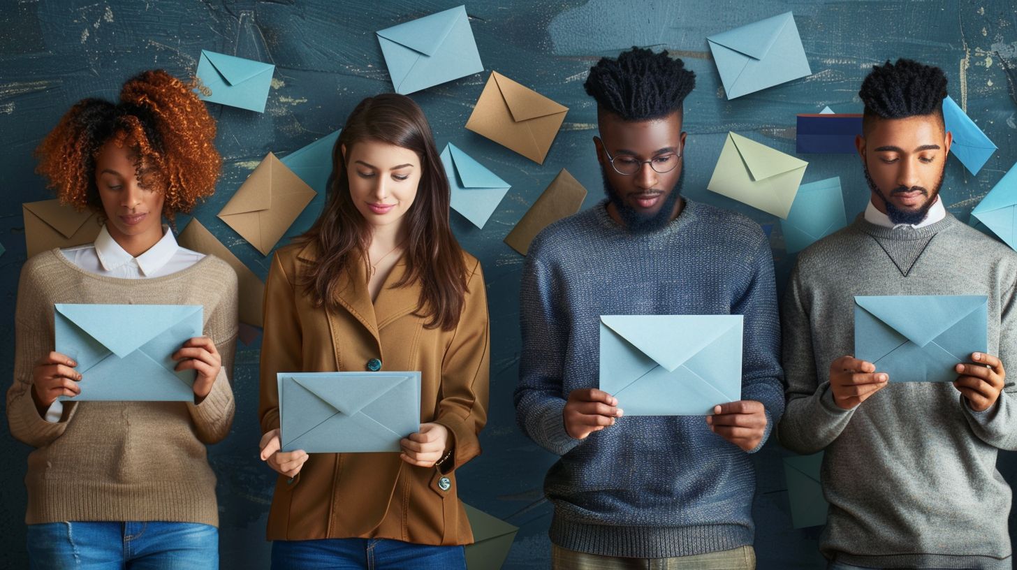 A group of people reading personalized emails in a wide-angle shot.