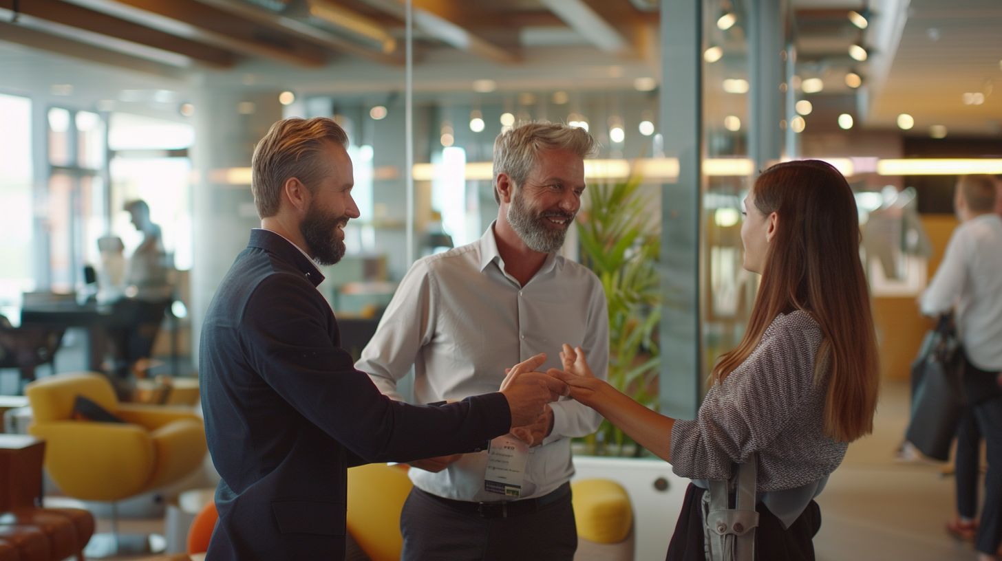 A person shaking hands with influential individuals in a modern office. A person shaking hands with influential individuals in a modern office.