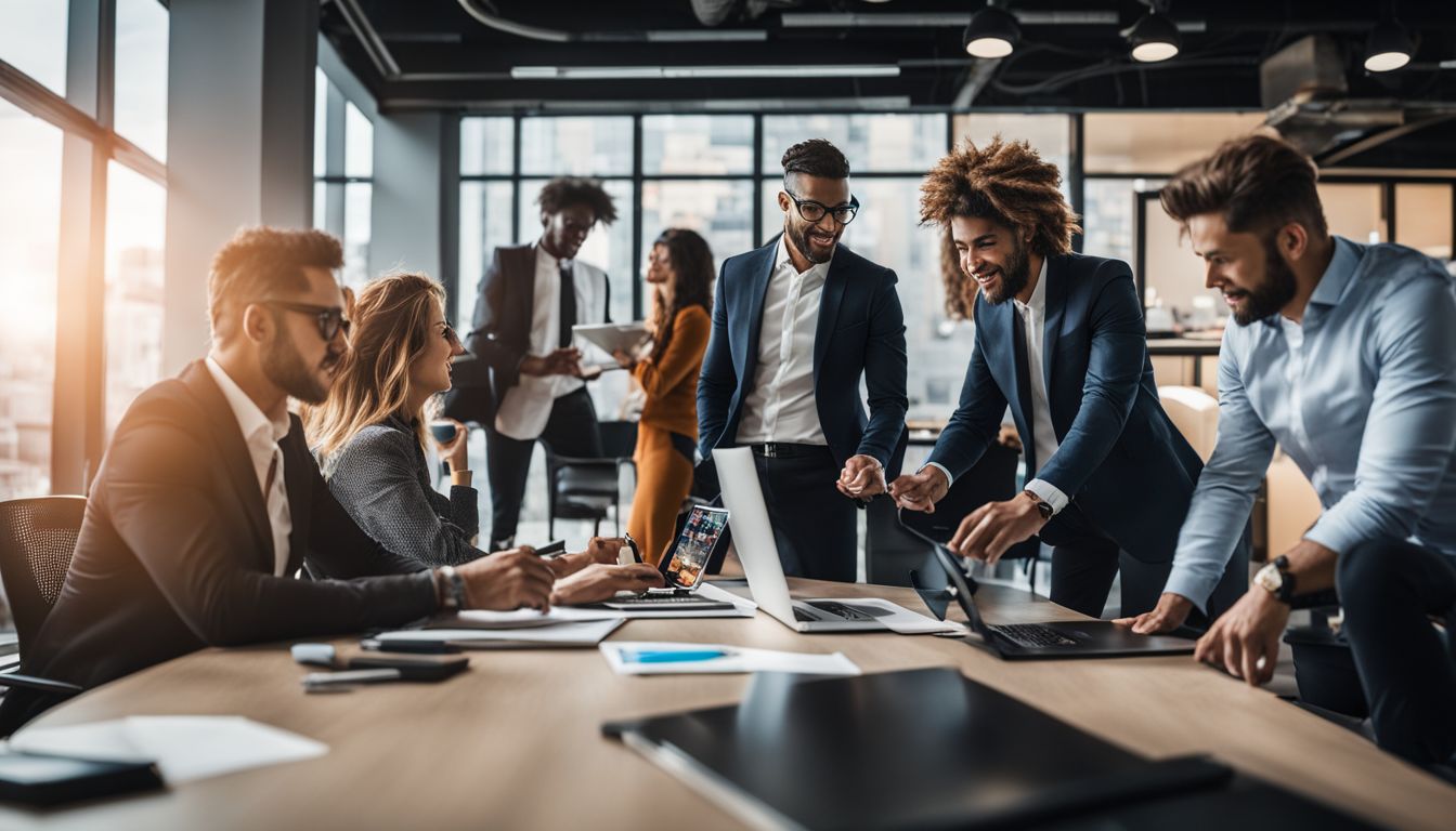 A diverse team brainstorming and strategizing in a modern office. A diverse team brainstorming and strategizing in a modern office.