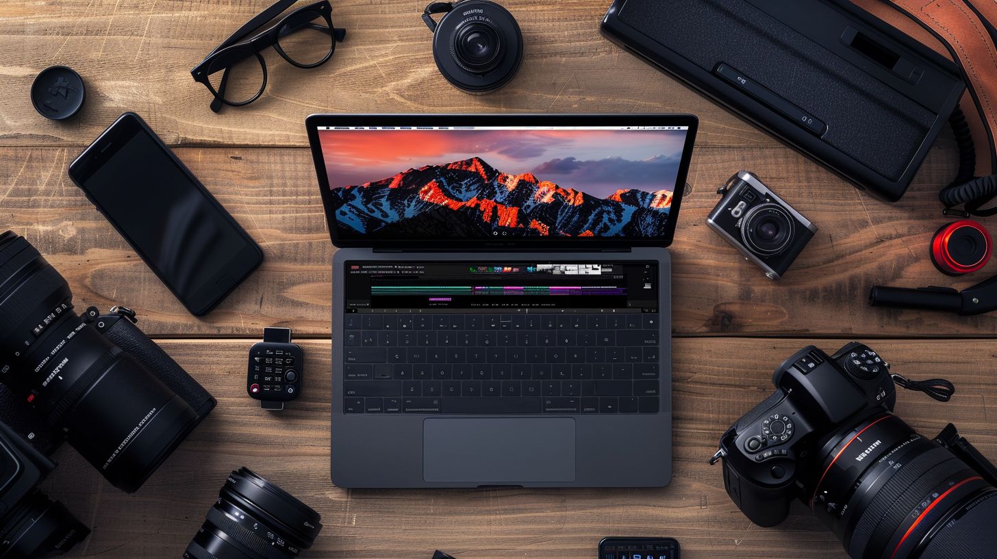 A laptop displays landscape photography captured with a wide-angle lens. A laptop displays landscape photography captured with a wide-angle lens.