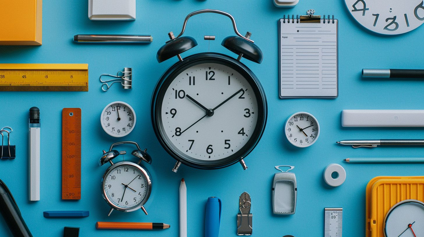 A clock and email inbox surrounded by industry-related items.
