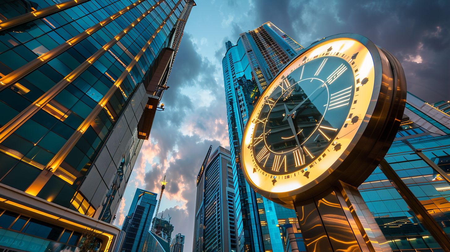 A cityscape photograph capturing a clock displaying different business time zones.