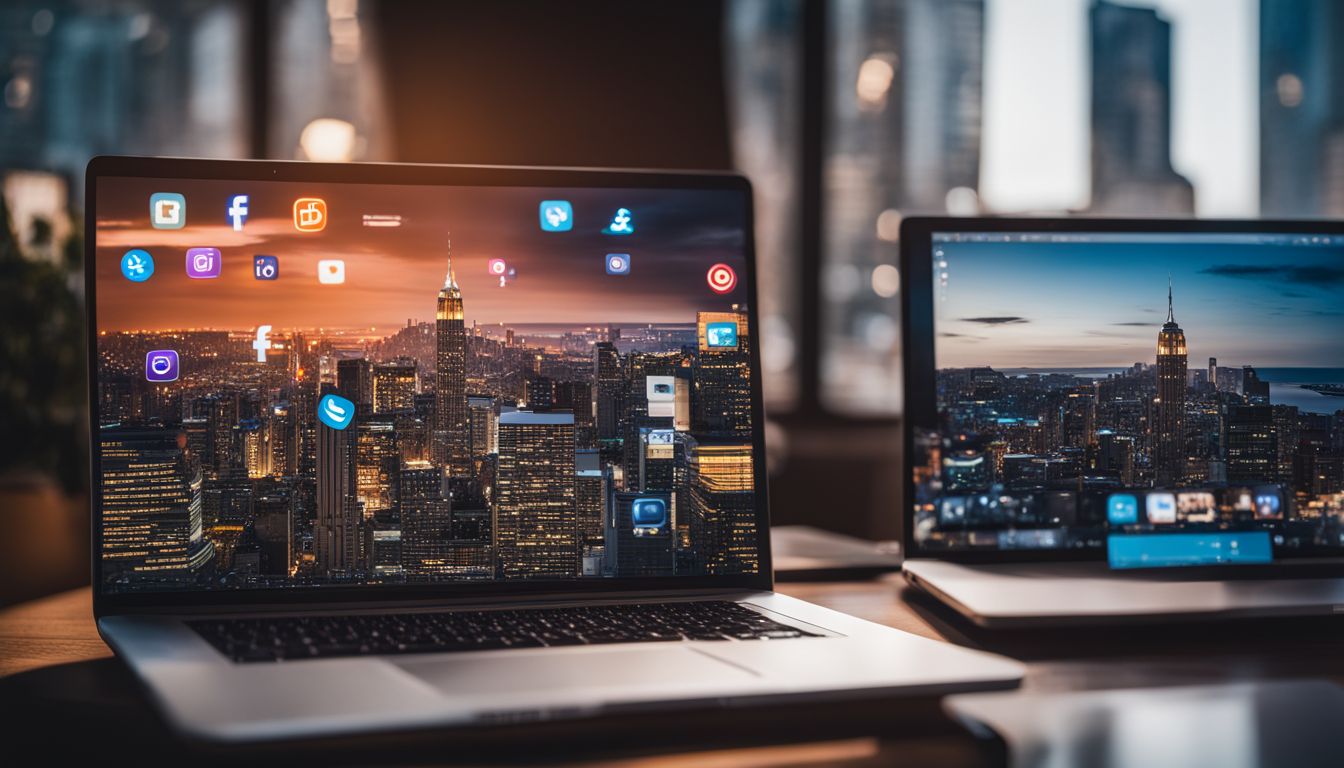 A laptop with social media icons and cityscape photography.