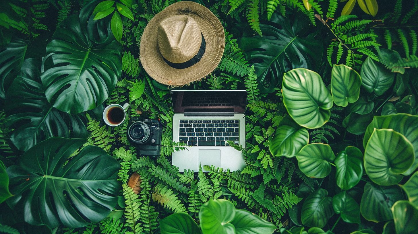 A technical SEO report surrounded by digital analytics tools with nature photography.