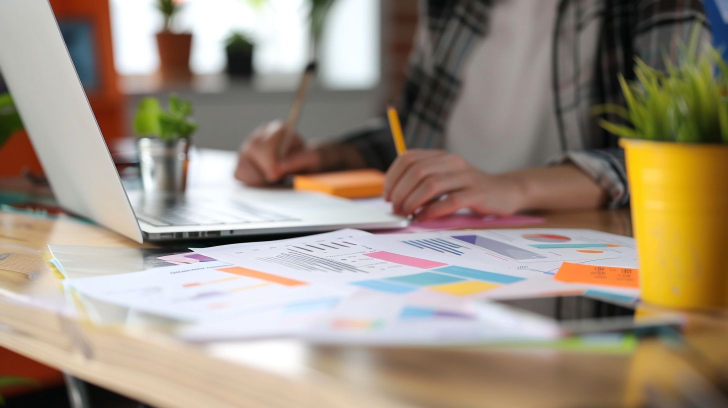 A person sits at a desk with organized digital marketing strategy papers.