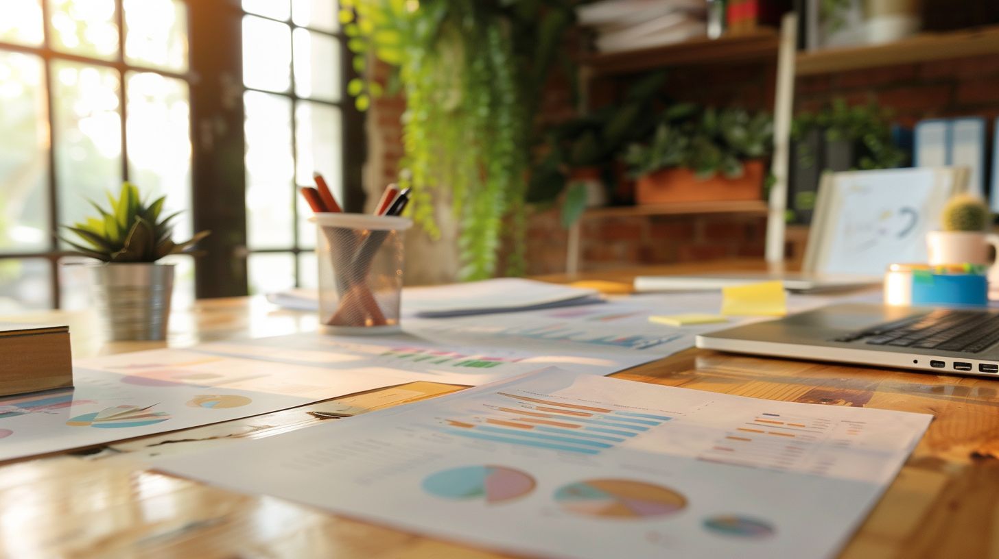 A person sits at a desk with organized digital marketing strategy papers.