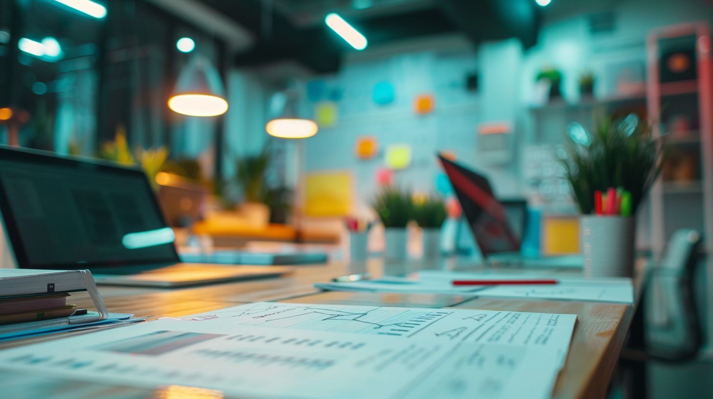 A person sits at a desk with organized digital marketing strategy papers.