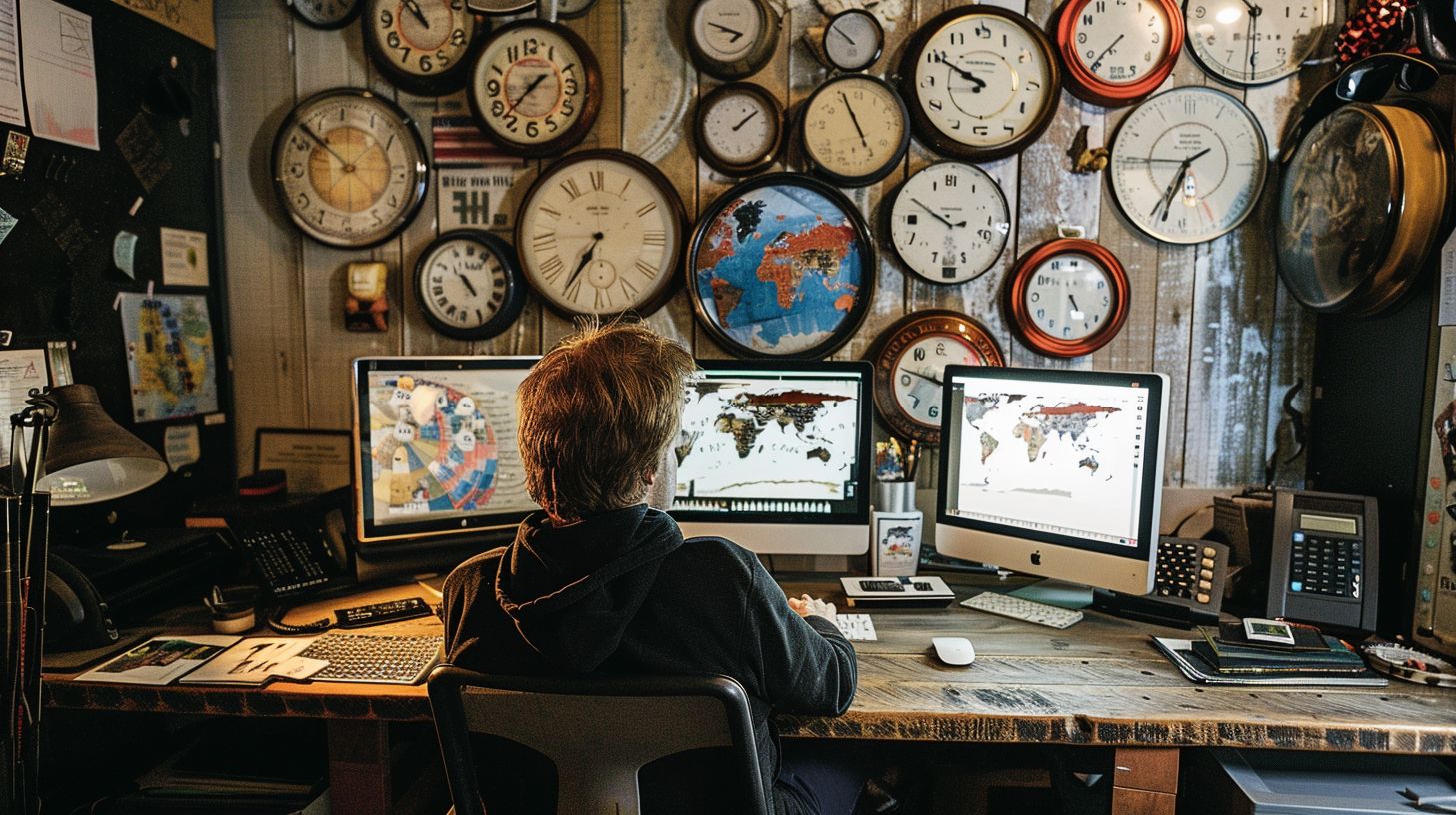 A modern desk with a computer and multiple time zone clocks.