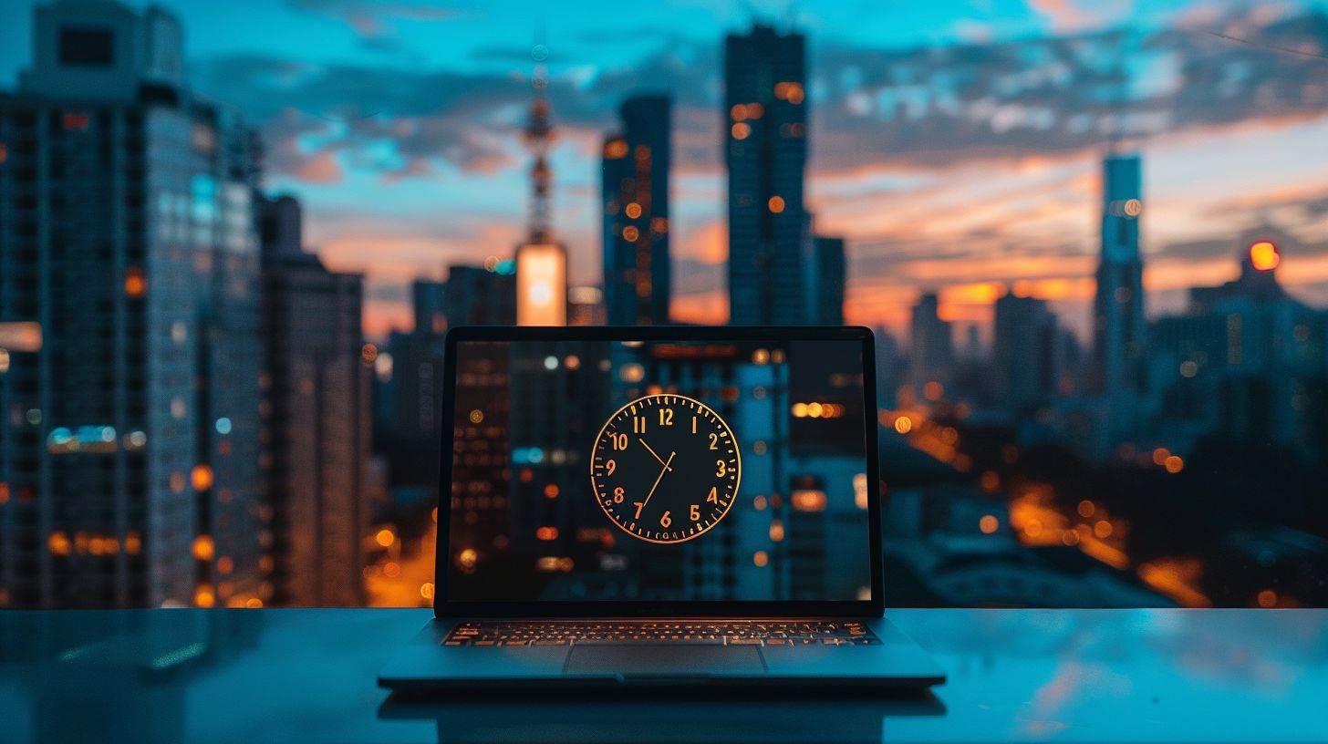 An open laptop with a ticking clock against a city skyline.