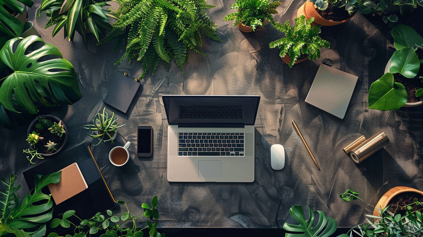 A laptop surrounded by office essentials and green plants.