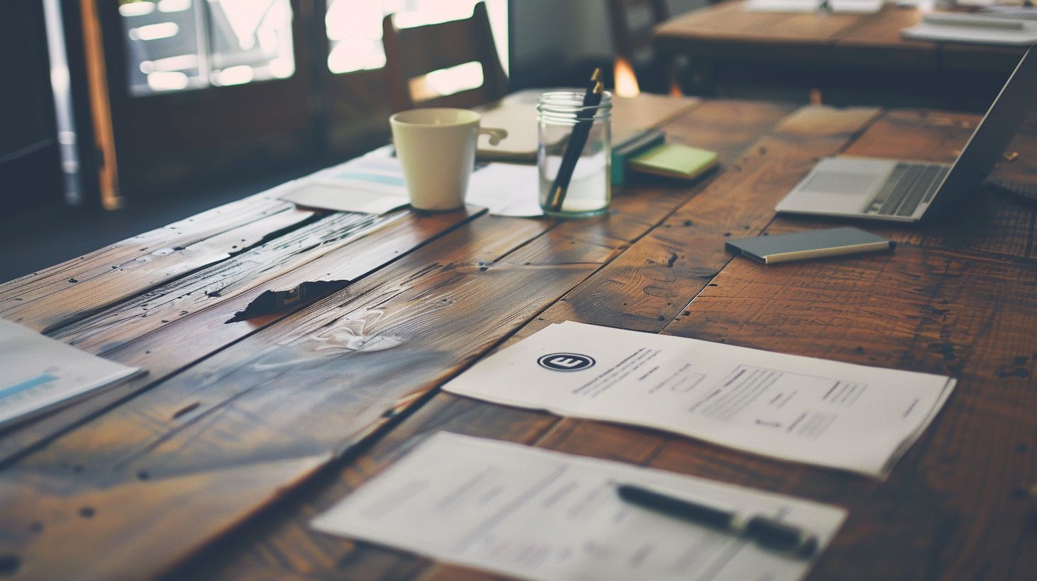 A professional logo displayed on a wooden table with branding materials. A professional logo displayed on a wooden table with branding materials.