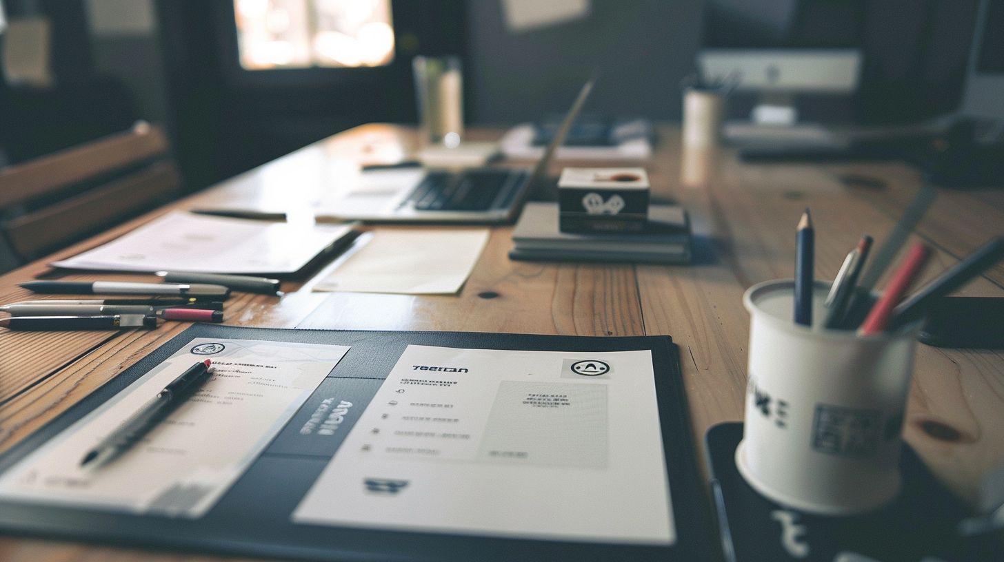 A professional logo displayed on a wooden table with branding materials. A professional logo displayed on a wooden table with branding materials.