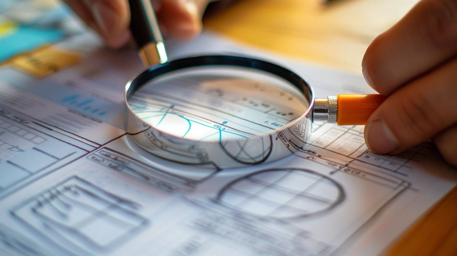 A person analyzing a website structure sketch with a magnifying glass.