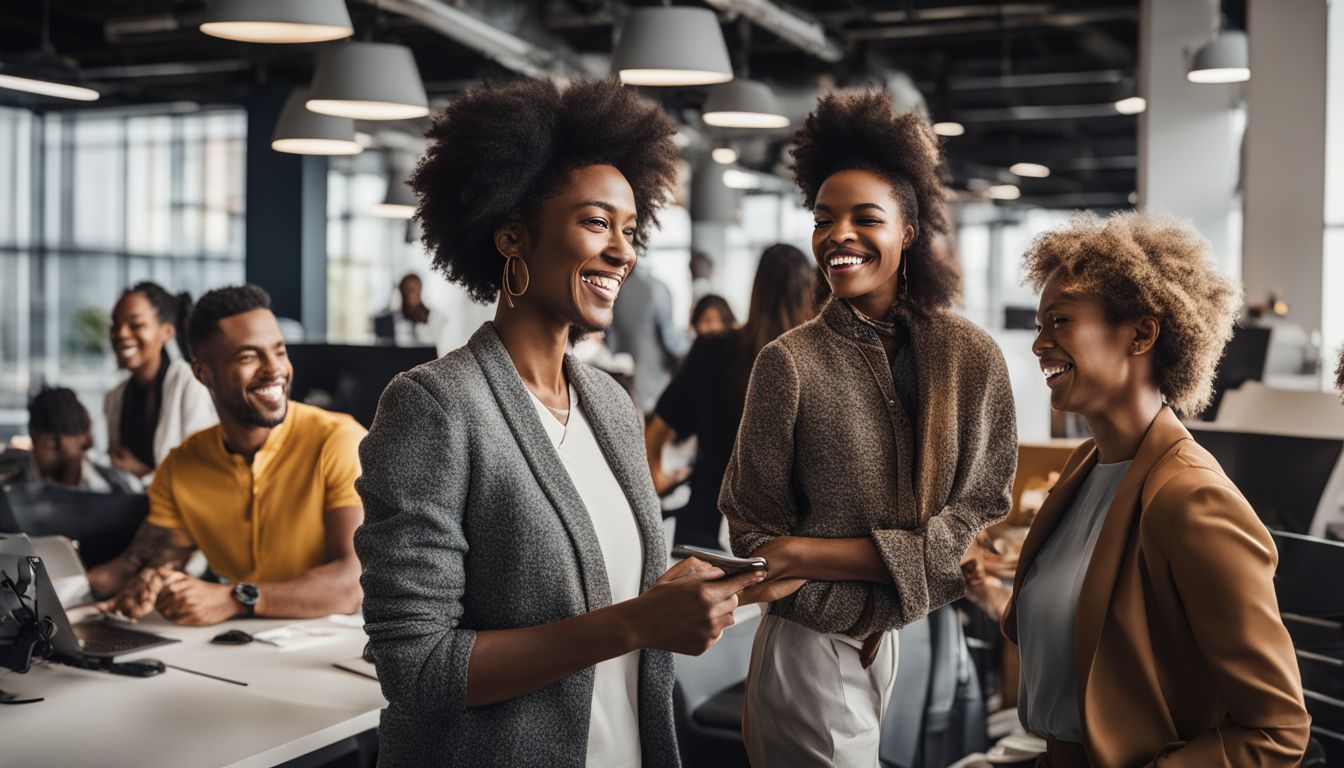 A group of people smiling and interacting in a modern office. A group of people smiling and interacting in a modern office.