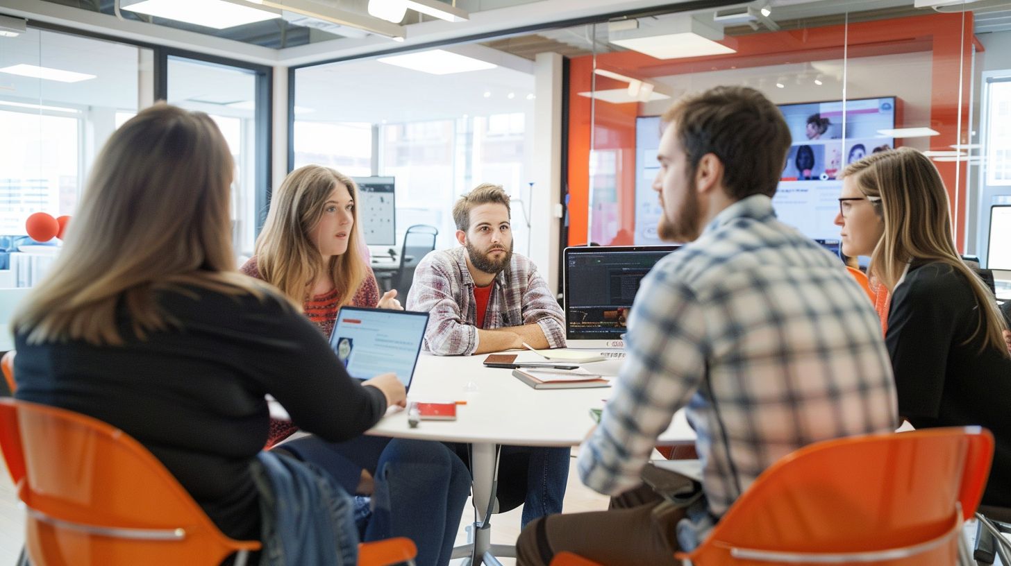 A group of social media managers brainstorming content ideas in an office.