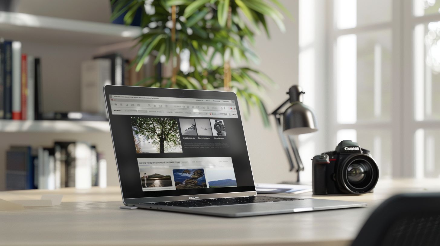 The image features a modern workspace with a laptop and photography equipment. The image features a modern workspace with a laptop and photography equipment.