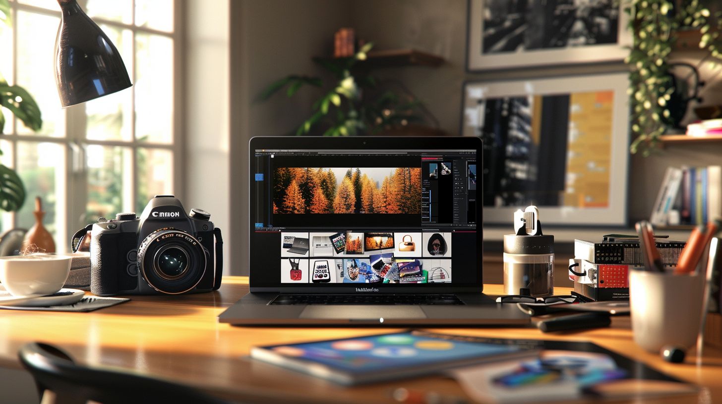 The image features a modern workspace with a laptop and photography equipment. The image features a modern workspace with a laptop and photography equipment.