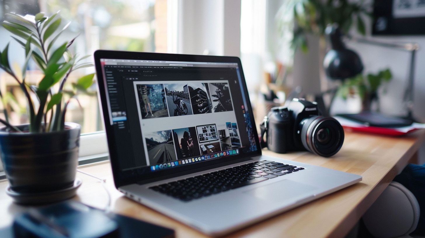 The image features a modern workspace with a laptop and photography equipment. The image features a modern workspace with a laptop and photography equipment.