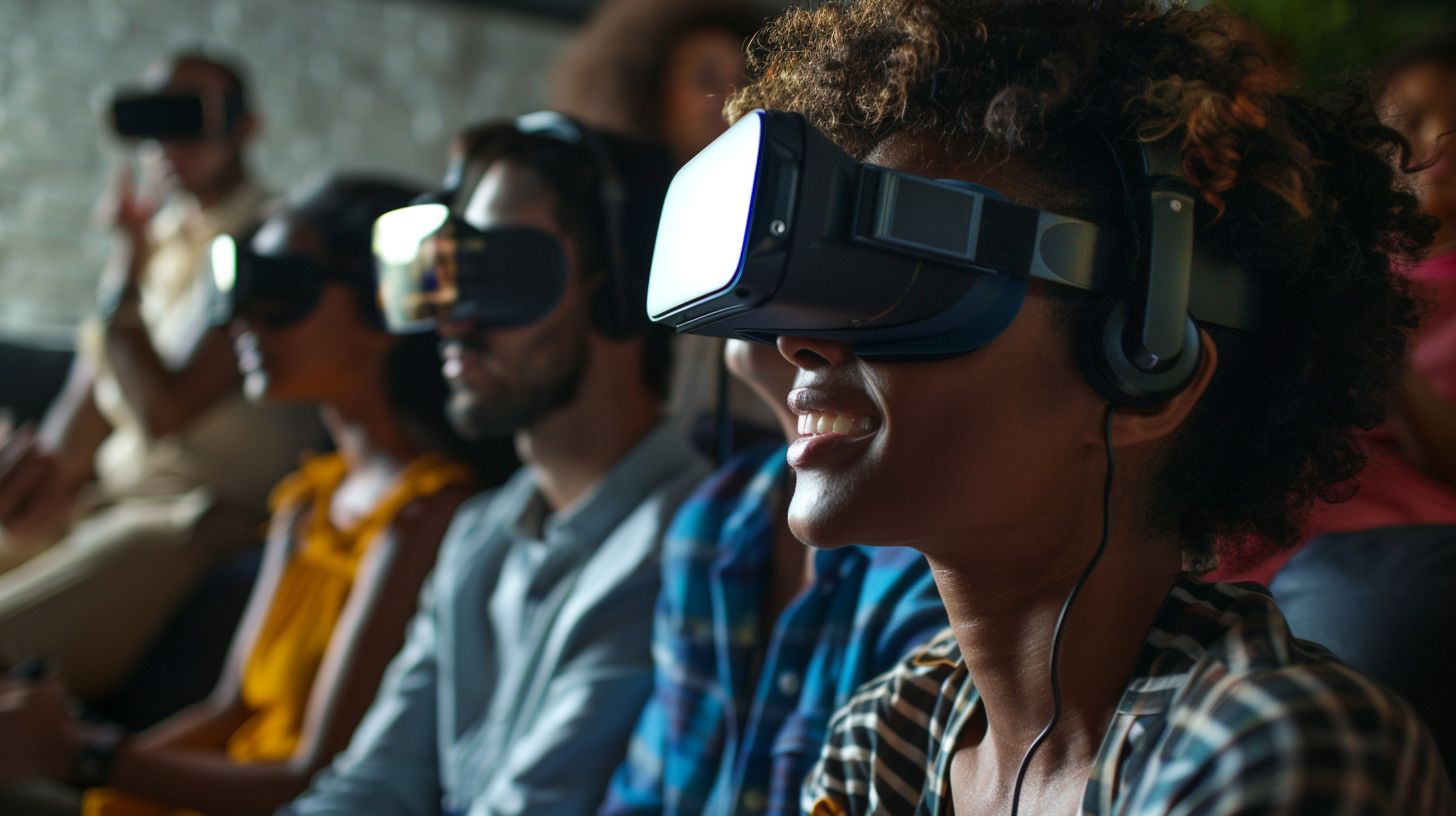 A group of people enjoying virtual reality experience in a wide-angle view. A group of people enjoying virtual reality experience in a wide-angle view.