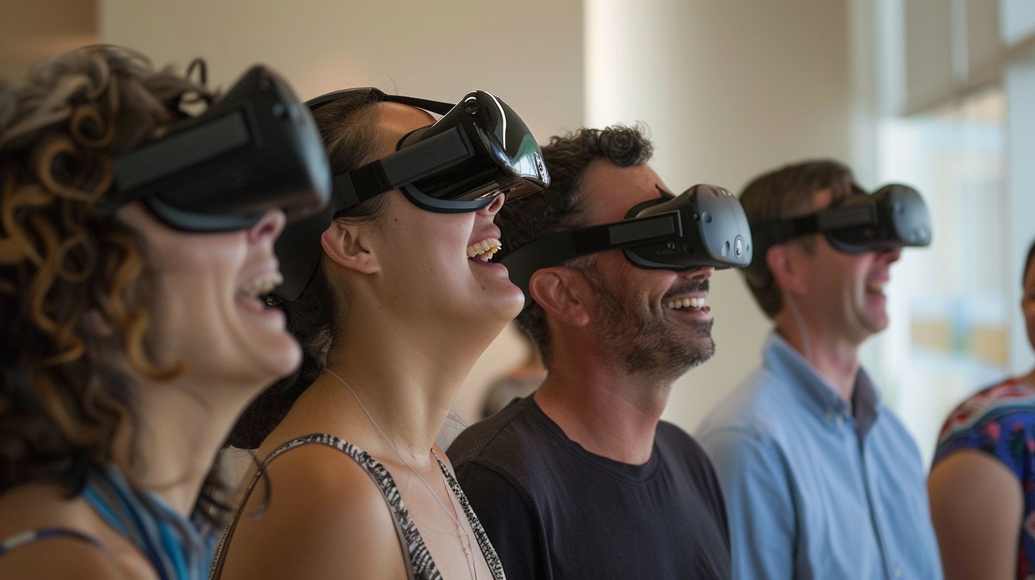 A group of people enjoying virtual reality experience in a wide-angle view. A group of people enjoying virtual reality experience in a wide-angle view.