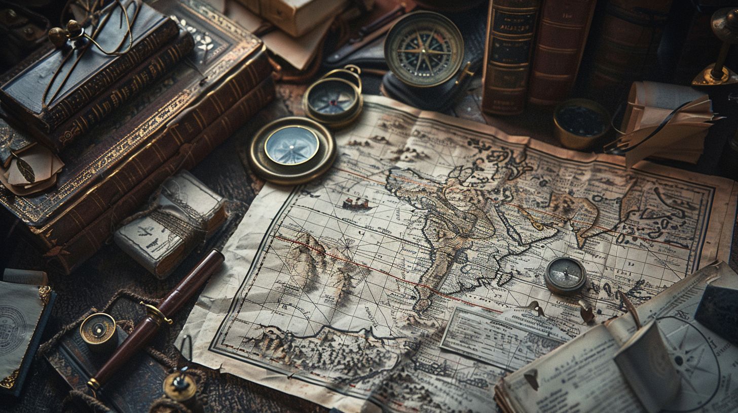 A vintage map surrounded by compasses and old books.