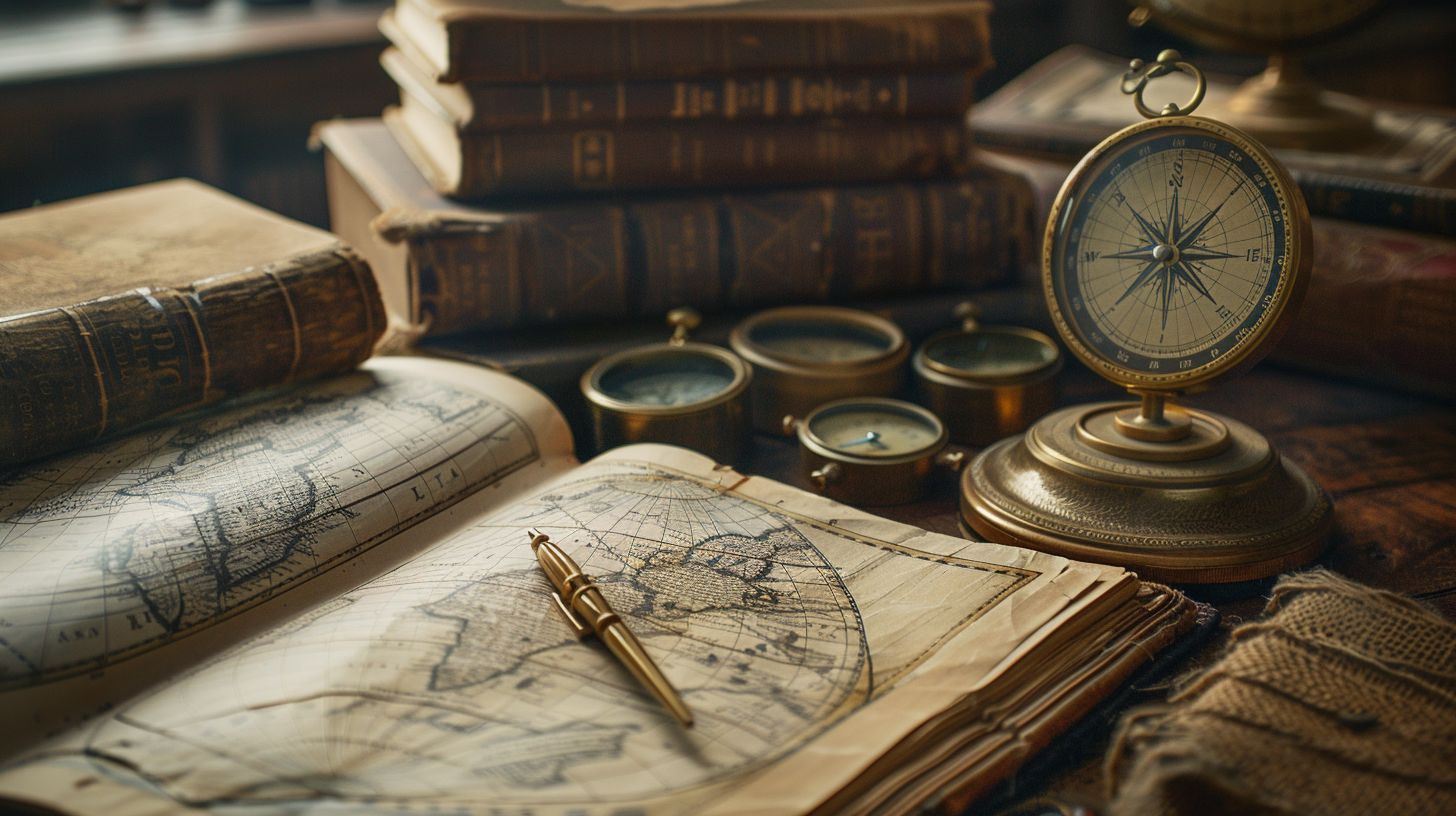 A vintage map surrounded by compasses and old books. A vintage map surrounded by compasses and old books.