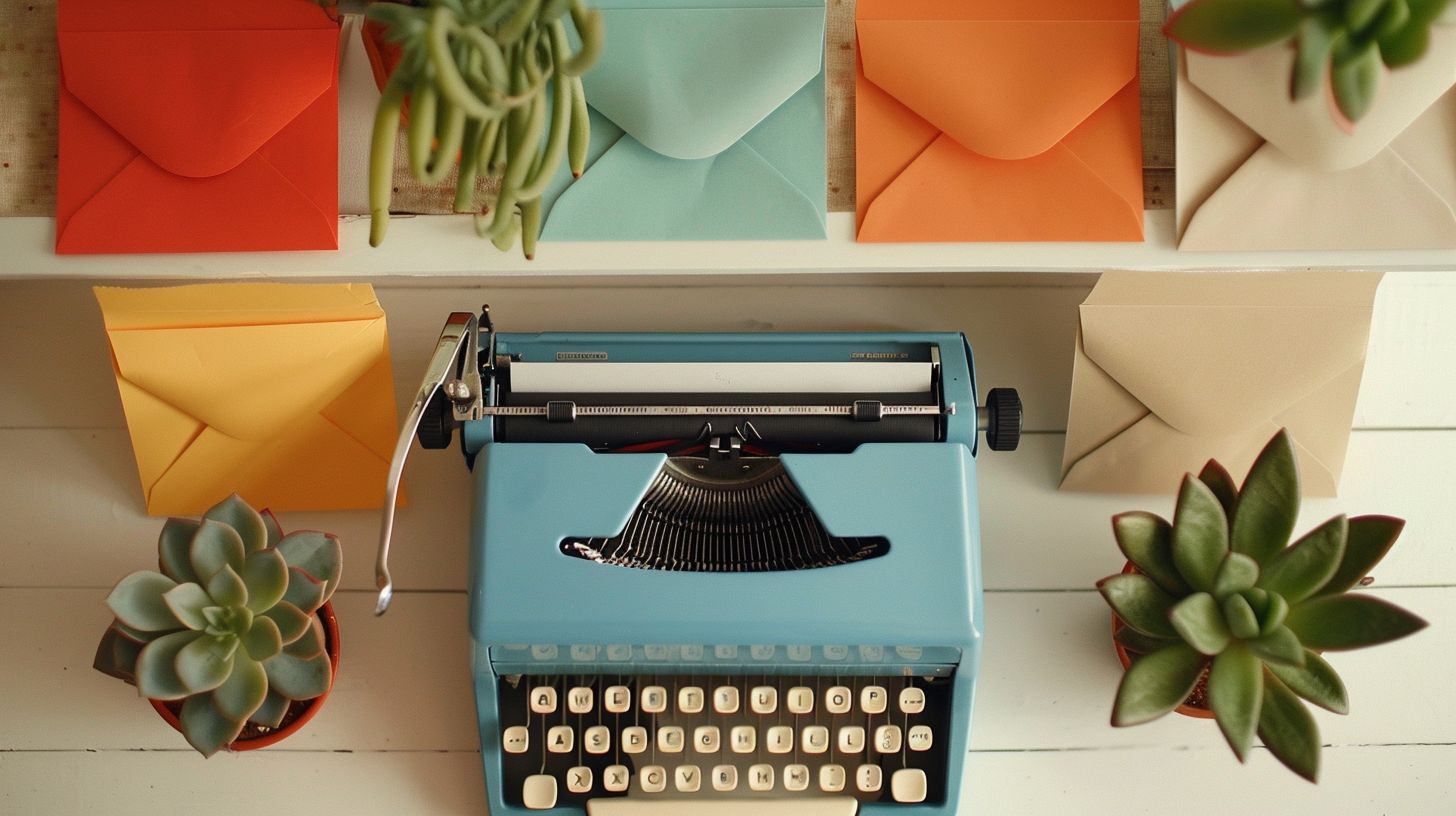 A vintage typewriter, envelopes, and a succulent plant on a table.