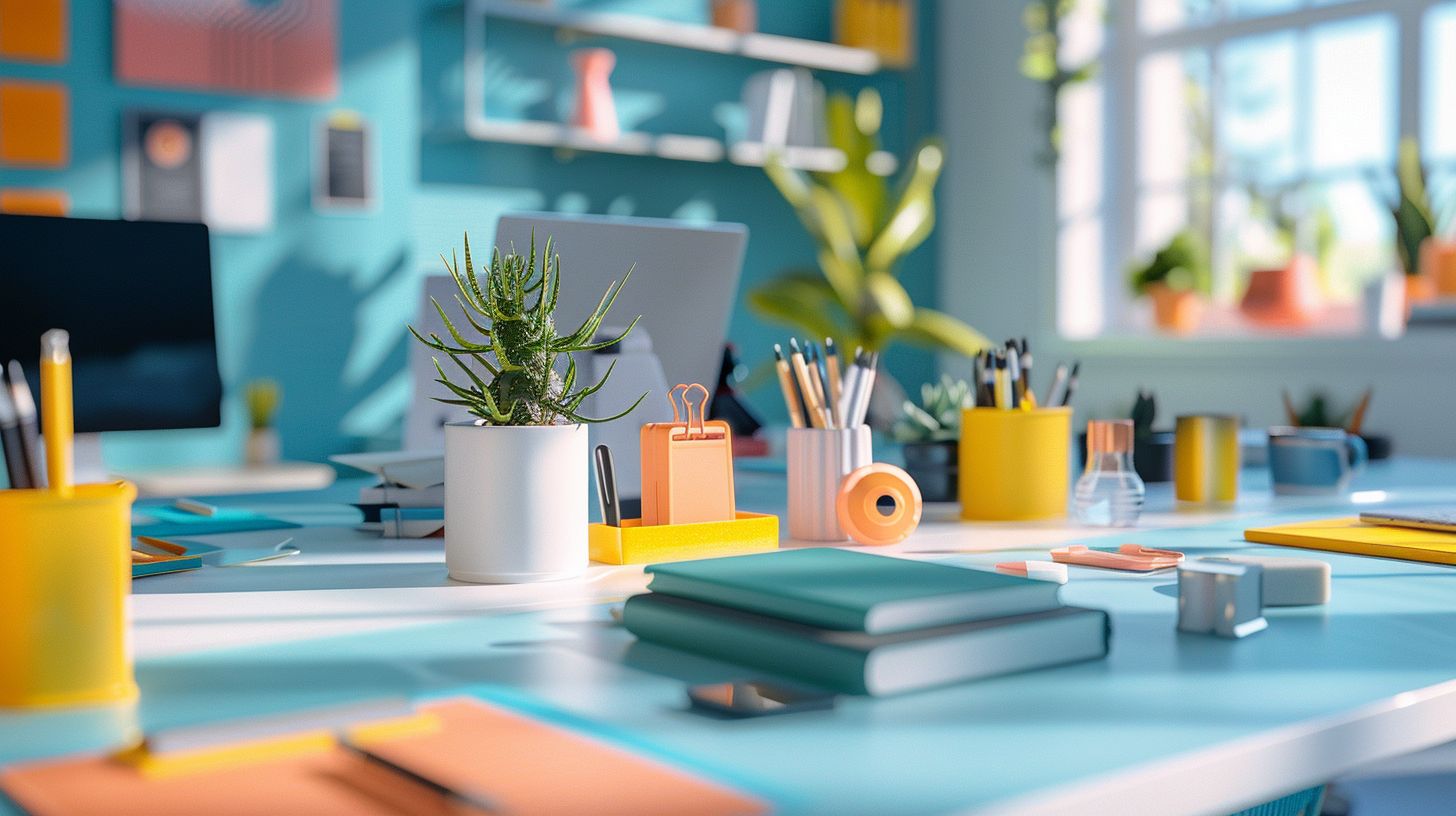 A modern office desk with branded stationery in a vibrant workspace. A modern office desk with branded stationery in a vibrant workspace.