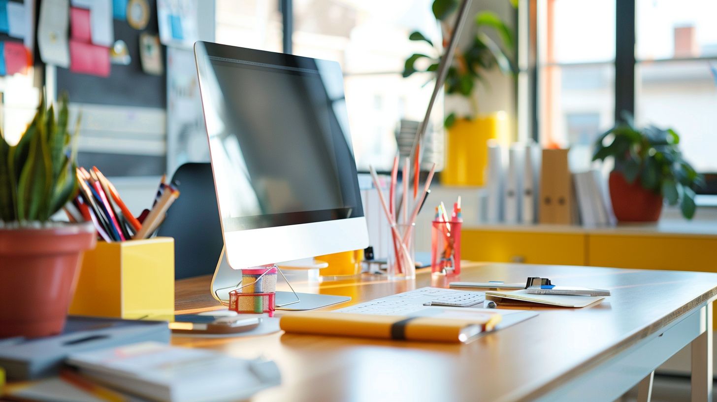 A modern office desk with branded stationery in a vibrant workspace. A modern office desk with branded stationery in a vibrant workspace.