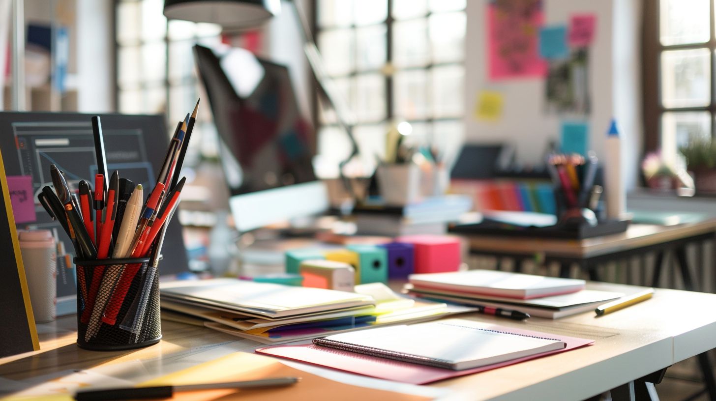 A modern office desk with branded stationery in a vibrant workspace. A modern office desk with branded stationery in a vibrant workspace.