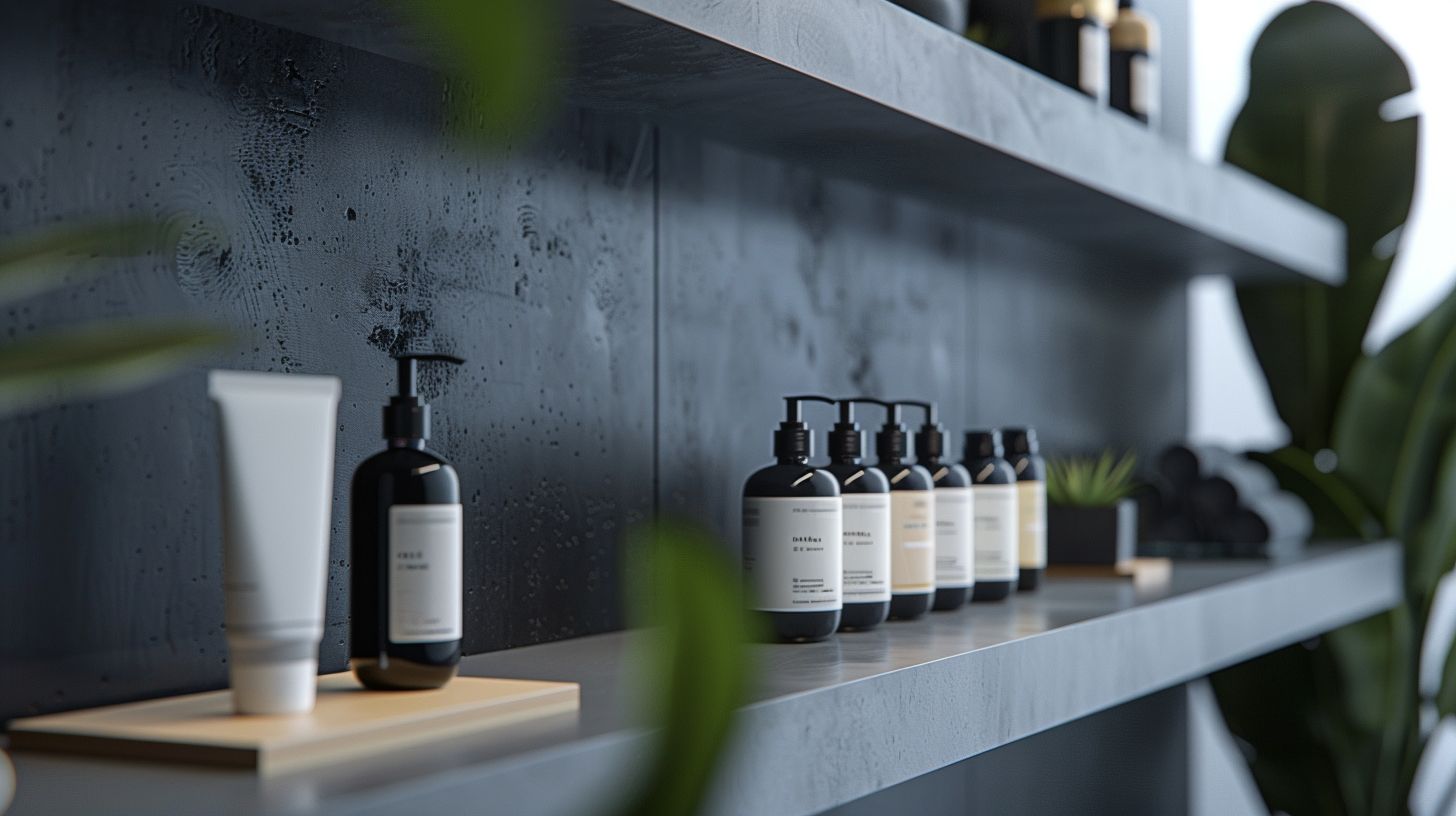 A row of identical product packages on a modern shelf. A row of identical product packages on a modern shelf.