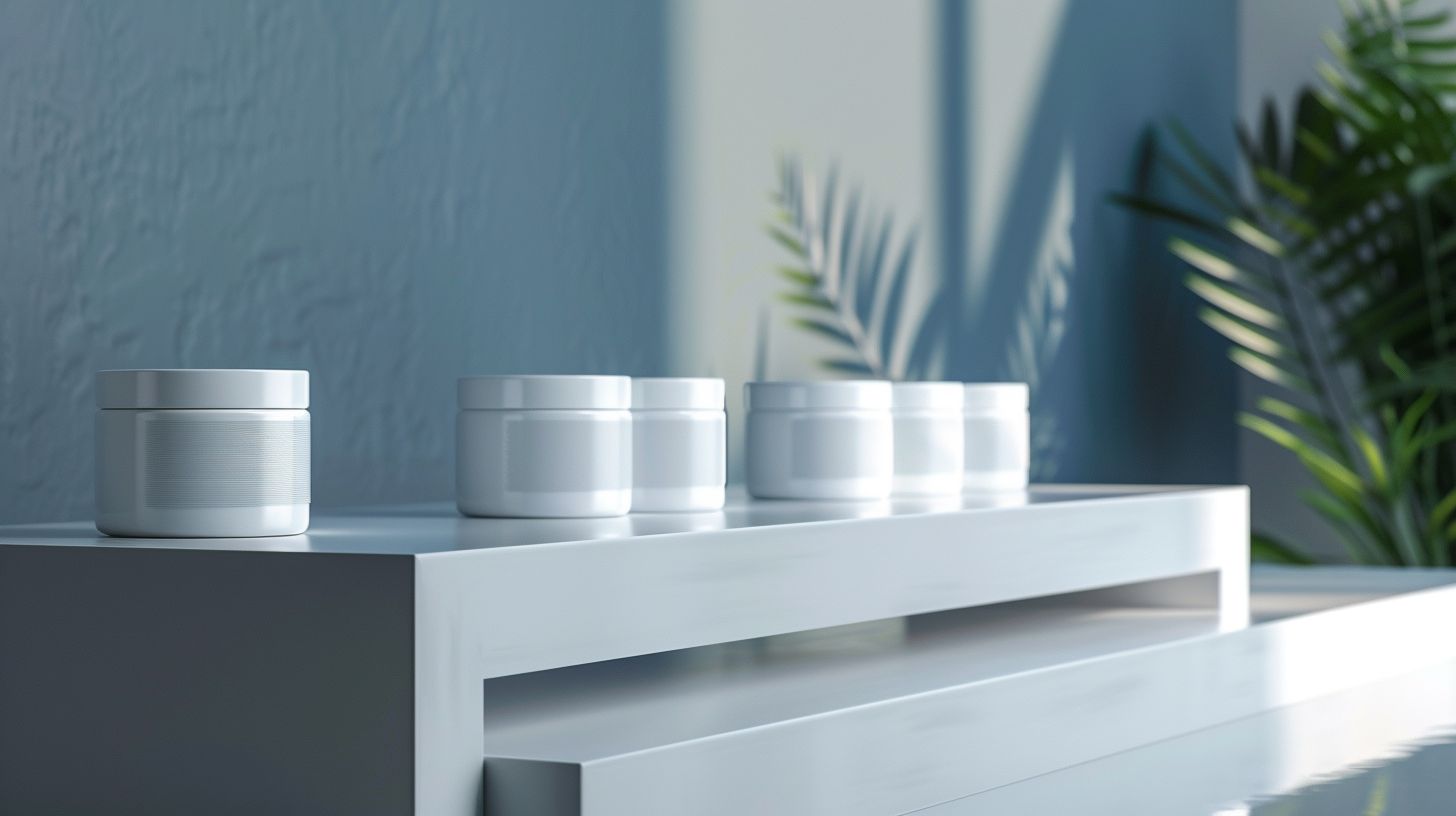 A row of identical product packages on a modern shelf. A row of identical product packages on a modern shelf.