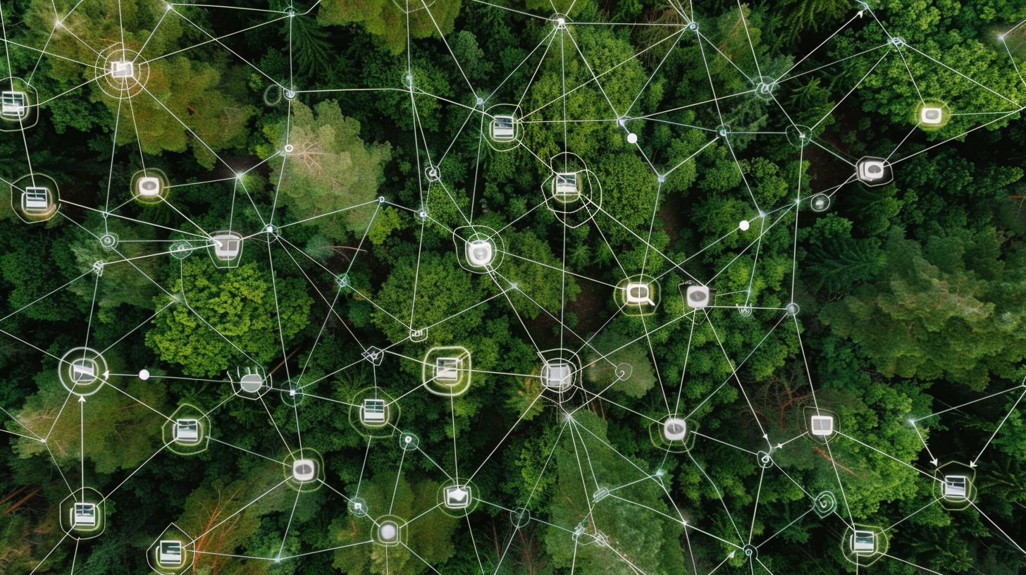 A drone captures a network of interconnected web pages in a digital landscape. A drone captures a network of interconnected web pages in a digital landscape.