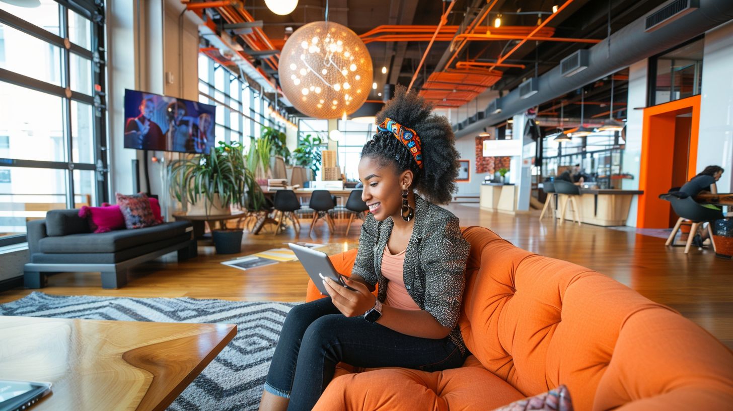 A social media manager captures a vibrant office environment with wide-angle lens.