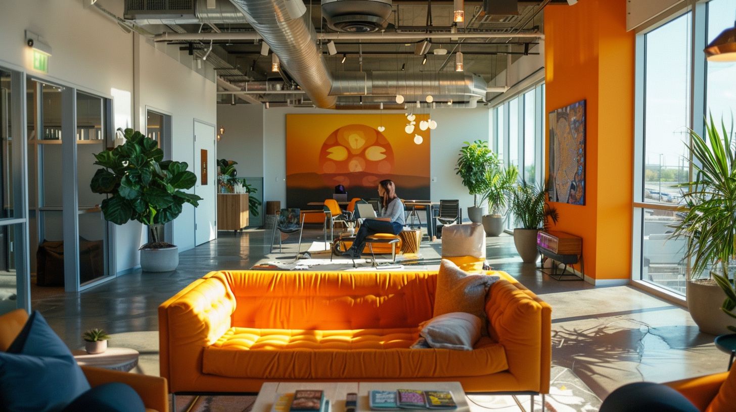 A social media manager captures a vibrant office environment with wide-angle lens.