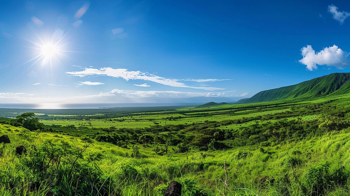 A vivid landscape with greenery under a clear blue sky.