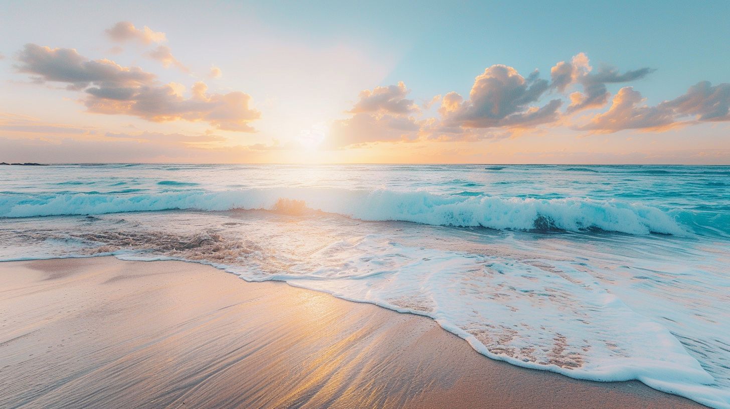 A serene beach at sunset with tranquil waves and a clear sky.