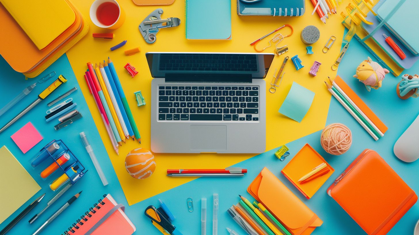 A laptop surrounded by colorful office supplies in a workspace. A laptop surrounded by colorful office supplies in a workspace.