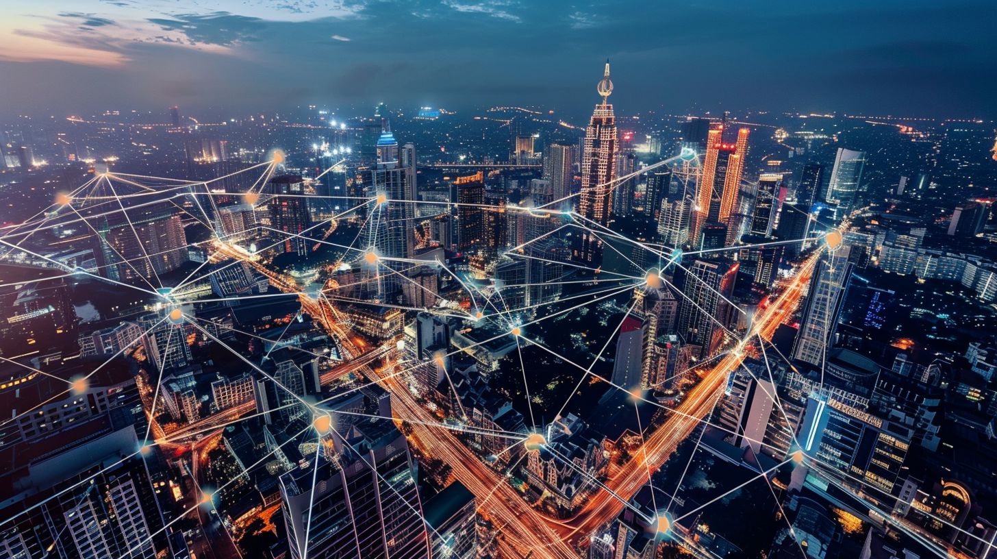 Aerial view of urban buildings connected in a network at dusk. Aerial view of urban buildings connected in a network at dusk.