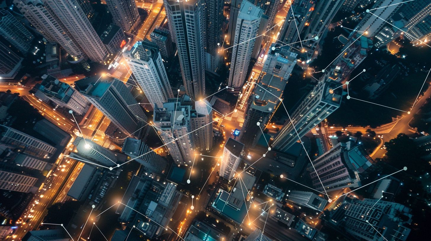 Aerial view of urban buildings connected in a network at dusk. Aerial view of urban buildings connected in a network at dusk.