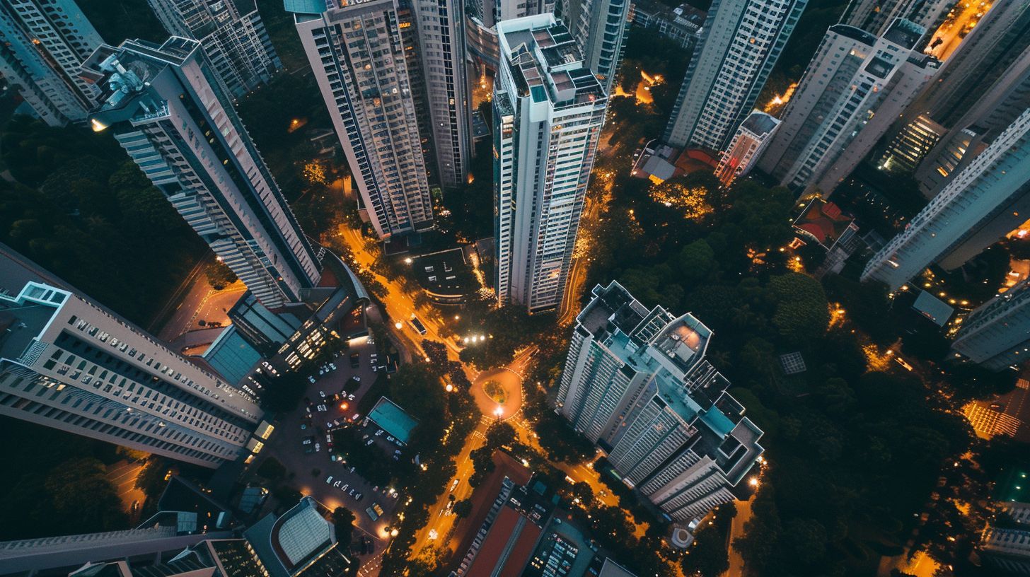 Aerial view of urban buildings connected in a network at dusk. Aerial view of urban buildings connected in a network at dusk.