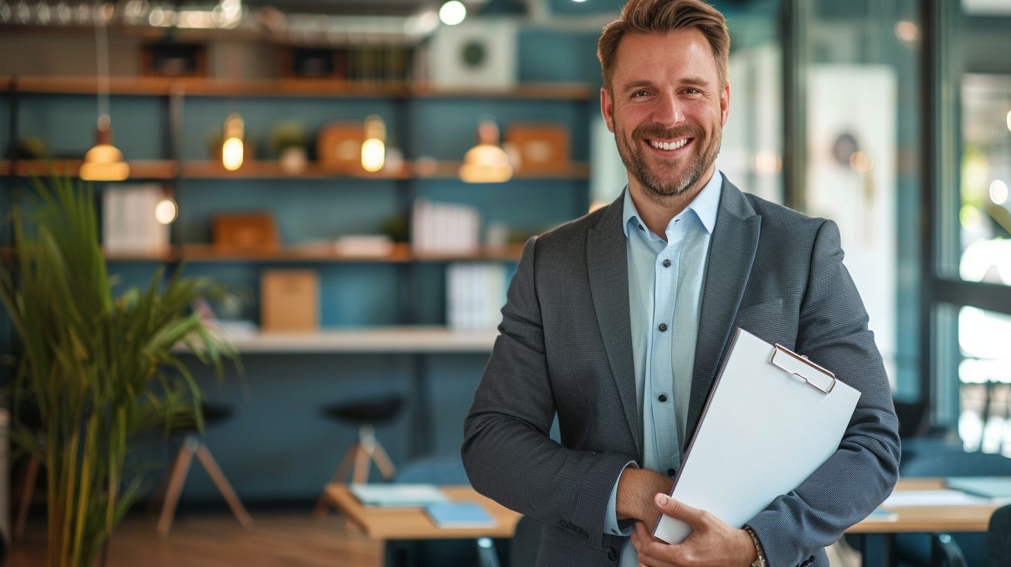 A confident executive presents a glowing online reputation report in an office.