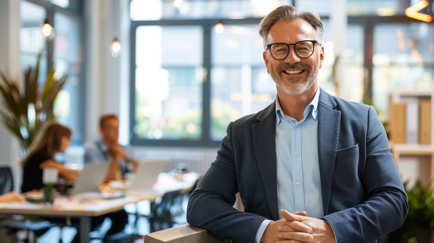 A confident executive presents a glowing online reputation report in an office.